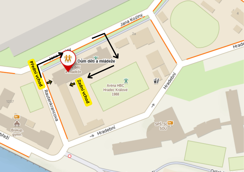 Mapa cesty k zadnímu vchodu přes dvůr okolo Orlovny